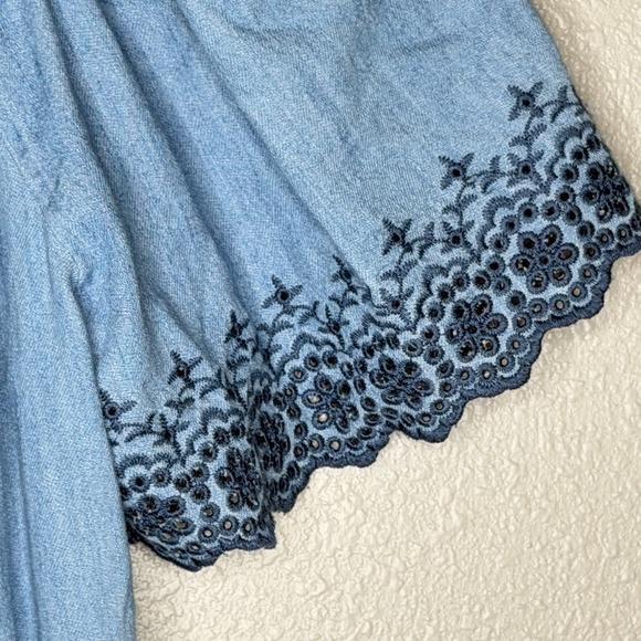 Denim Embroidered Tie Back Midi Maxi Dress Boho Prairie Cottagecore Western S - Picture 6 of 11